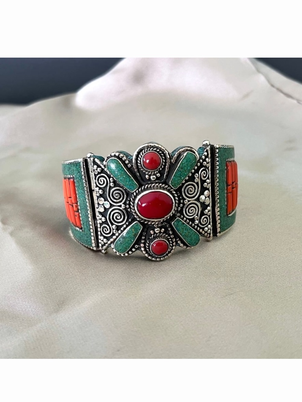 Turquoise and Red coral Tibetan silver Cuff Bracelet
